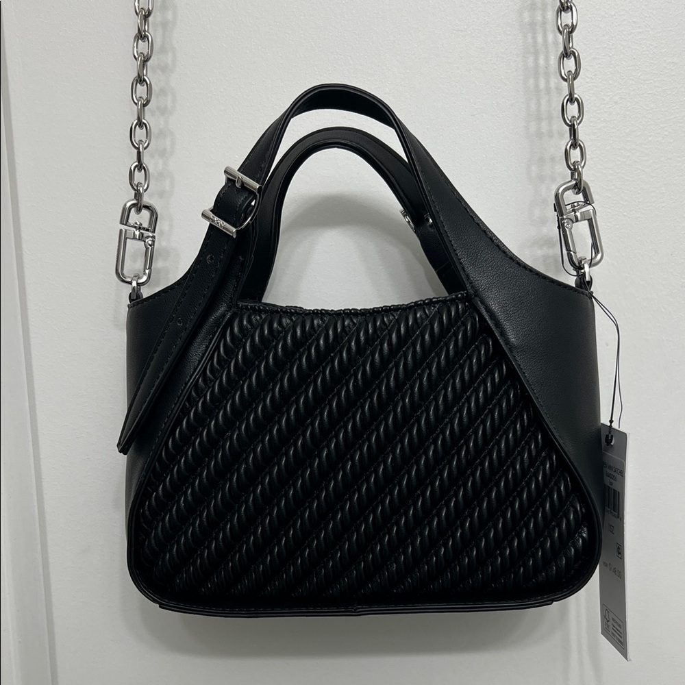 DKNY Black Miren Mini Satchel crossbody bag Quilted Knit Rope leather look NWT